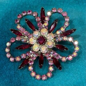 Vtg 50s Flower Starburst Brooch OS Red Navette & Pink AB Rhinestones Prong Set